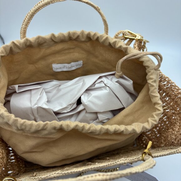 NWT House Of Harlow 1960 Hand Woven Raffia Hand Bag Purse Gold Crossbody Strap - Picture 8 of 9